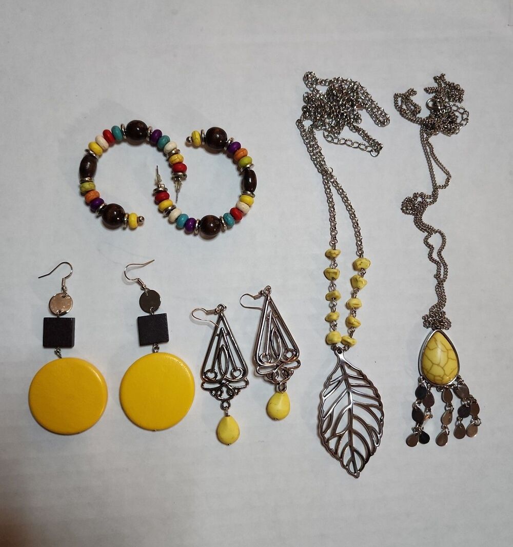 Boho Jewelry Bundle - Yellow Statement Necklaces & Earrings - 5pc Lot